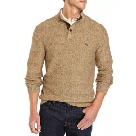 CHAPS Sweater Mens 3XLT Brown 3 Buttons Mock Neck Classic Knit Henley Pullover - Picture 1 of 16